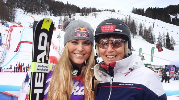 Lindsey Vonn (Vail, CO) and Austria’s Annemarie Moser-Proell are all smiles after Vonn tied Moser-Proell’s World Cup downhill victory record with win number 36 in a two-run Audi FIS World Cup sprint downhill Saturday.